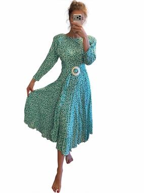 New Vtg 80s Jackie Bernard for
Eklektic green white midi dress belted size 2
